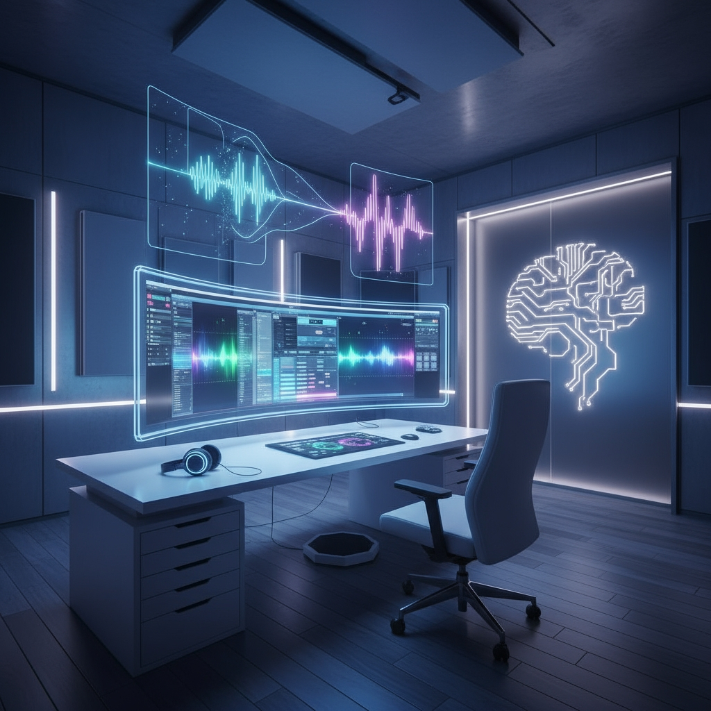 Futuristic AI-powered music studio with glowing waveforms and digital assistant interface representing how a CustomGPT can 10x music production workflow